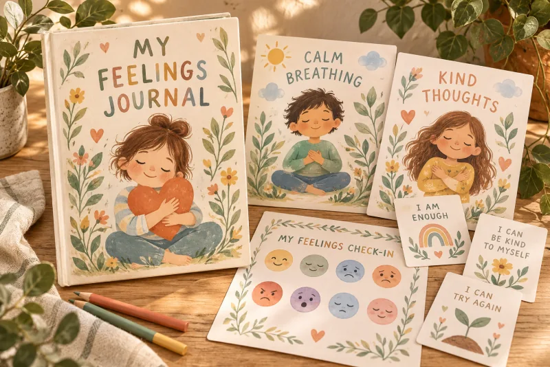 Illustrative concept of children’s learning journals, activity pages, and printable cards. Actual resource contents are shown on product pages.