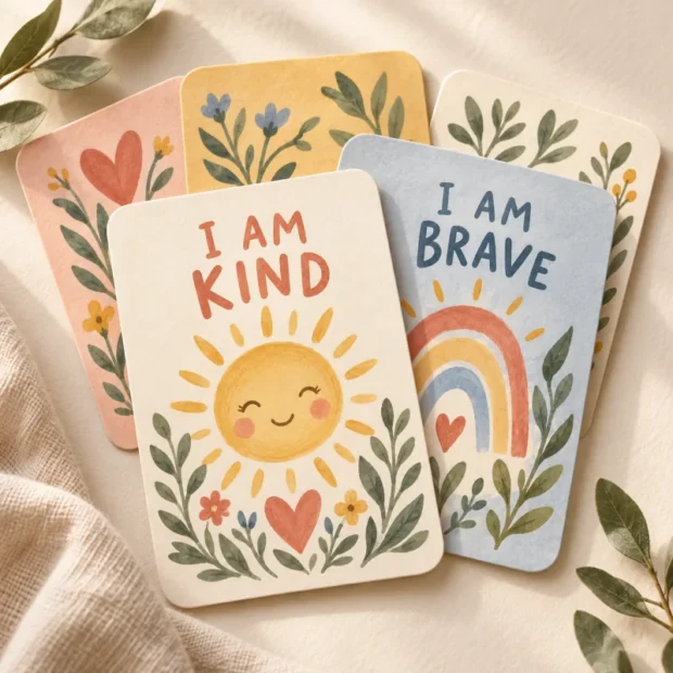 Illustrative preview of Positive Affirmation Cards, showing floral cards with a smiling sun and rainbow; no physical cards are included.