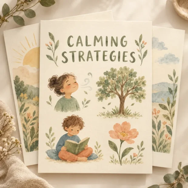 Illustrative preview of Calming Strategies Activities, showing botanical activity sheets with drawings of breathing, reading and nature; no physical sheets are included.