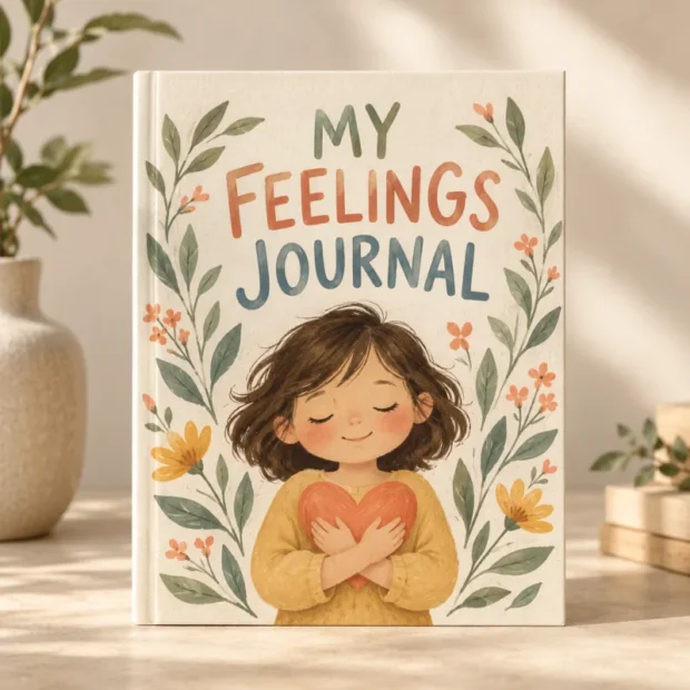 Illustrative preview of My Feelings Journal, showing a floral journal cover with a child holding a heart; no physical journal is included.
