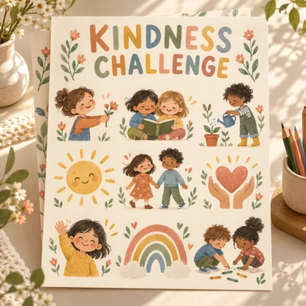 Illustrative preview of Kindness Challenge Activities, showing children sharing, reading and helping among flowers and rainbows; no physical sheets are included.