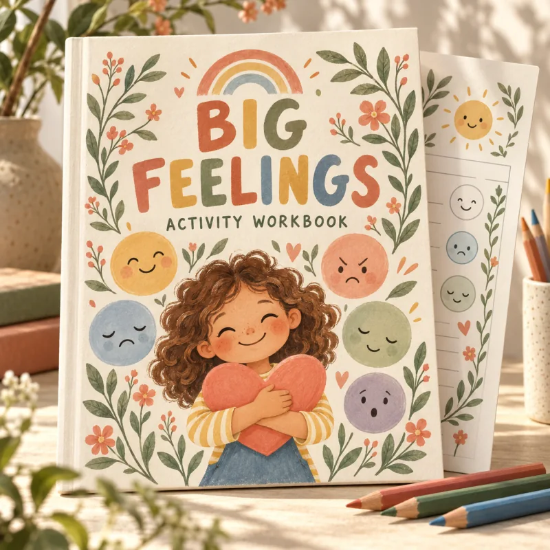 Illustrative preview of Big Feelings Activity Workbook, showing a child holding a heart and illustrated expressions on a floral cover; no physical workbook is included.